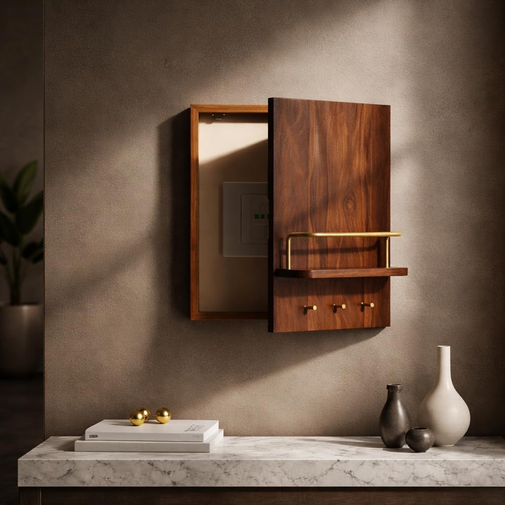 Saleberate Minimalist Teak Wood Meter Box Concealer – Wall-Mounted Wooden Panel with Shelf, Key Holder & Switch Cover (Left Opening)-image-16