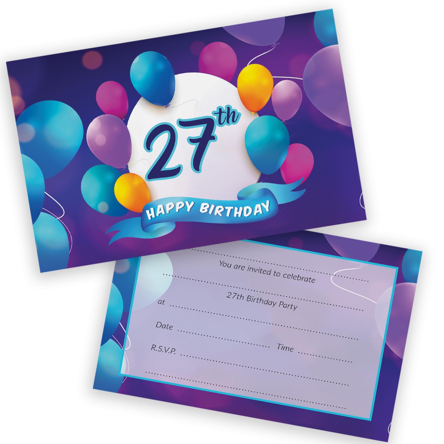 27th Birthday Party Invitations Women and Men, Happy Balloons 20 Pack