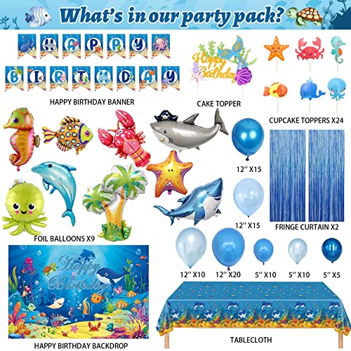 124 Pcs Under The Sea Party Decorations, Hombae Ocean Themed Birthday Party Decorations Backdrop Fringe Curtain Balloon Garland Banner Tablecloth Cake Cupcake Topper Shark Octopus Lobster Starfish #TOP1