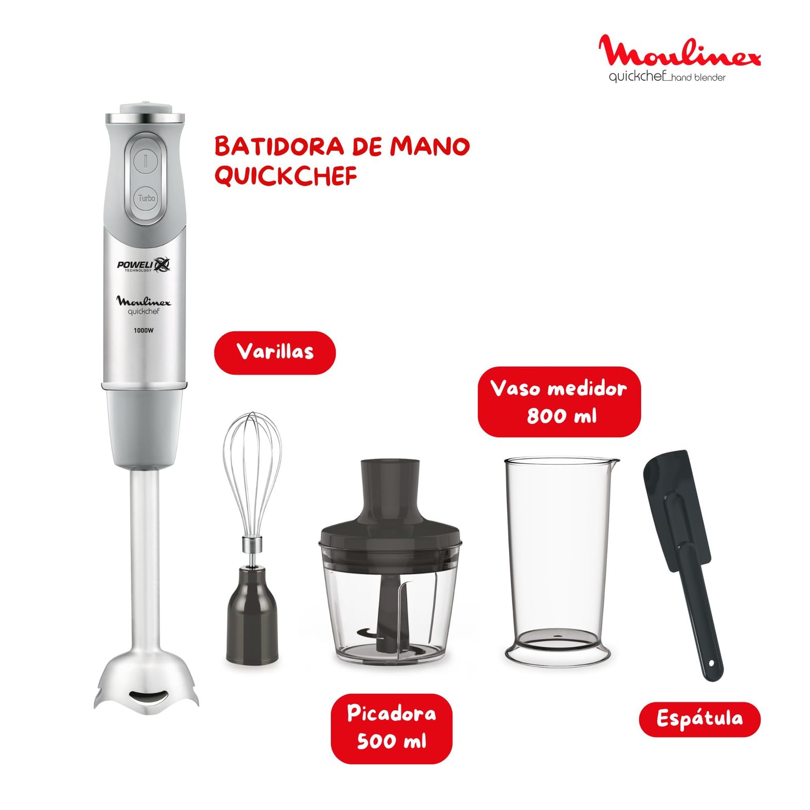 Moulinex Quickchef, Batidora de mano, Potencia de 1000 W, Cuchillas Powelix, 20 velocidades variables y modo turbo, Incluye picadora 500 ml, vaso medidor 800 ml y varillas, Gris, DD655DES — view 8