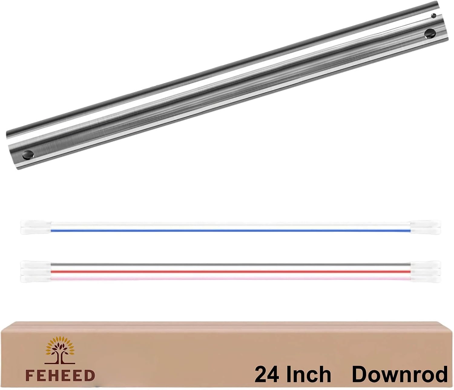 24 Inch Ceiling Fan Downrod, 1" Diameter Nickle Ceiling Fan Extension Rod (No Threads) with 5 x 18-AWG Wires,Universal Down Rods for Ceiling Fans,Easy Installation 24 Inch Nickle