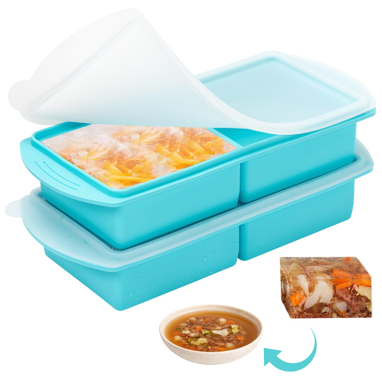 Kanzith 2 Pack Silicone Soup Containers and Freezer Moulds with Lid, Large Silicone Cube Food Freezer Trays for Batch Cooking, Broth, Sauce and Ice (Teal)