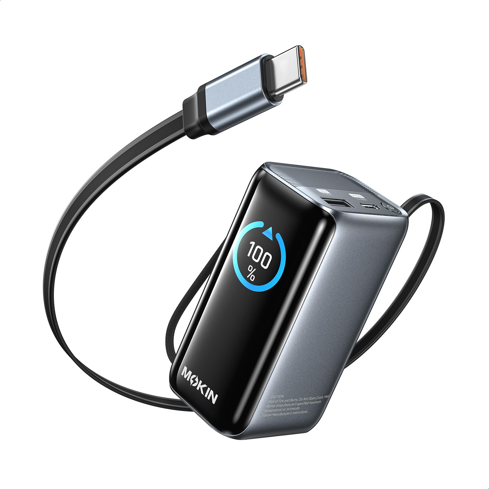 MOKiN Portable Charger 10000mAh, 45W PD Fast Charging Power Bank with Built-in Retractable USB-C Cable, Smart Display Mini Battery Pack, Pocket Portable Charger for iPhone 17/16/15, Samsung, iPad