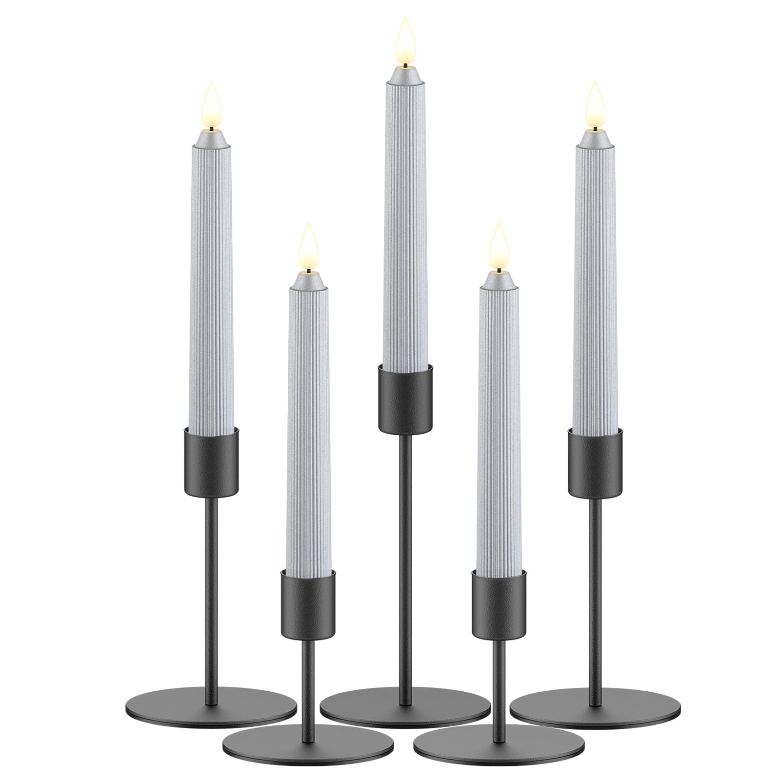 Classic Bundle: Black Candlestick Holders Set of 5 and Silver Flameless Taper Candles Set of 5 for Outdoor Decor