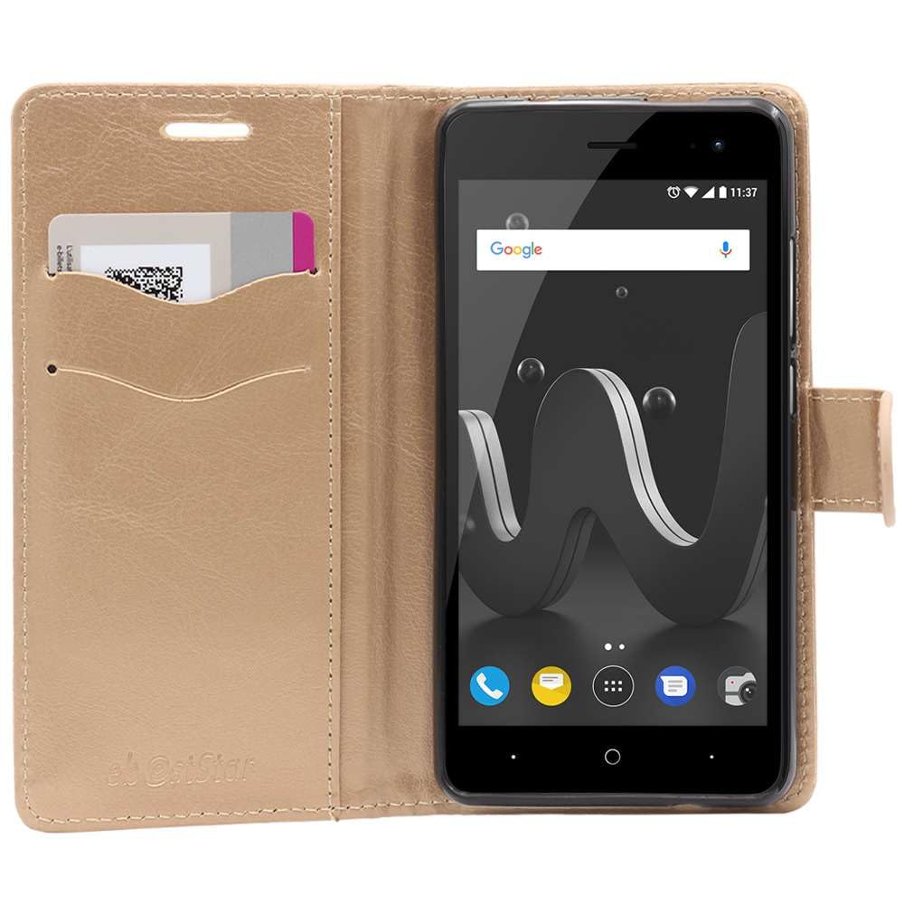 ebestStar - Cover Compatibile con Wiko Jerry 2 Custodia Portafoglio Pelle PU Protezione Libro Flip, Dorato + Pellicola Vetro Temperato [Apparecchio: 144 x 72.8 x 9.3mm, 5.0