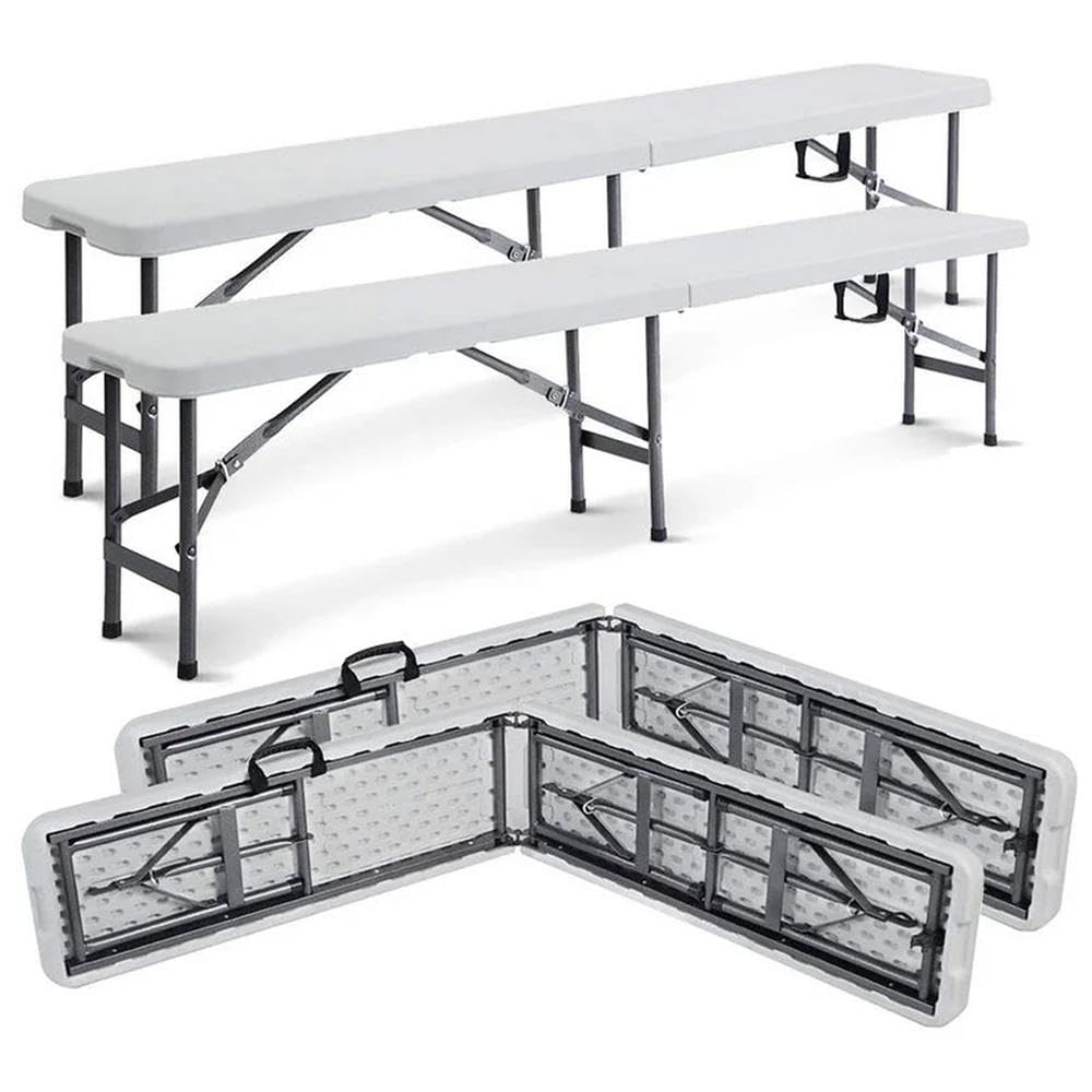 YOEVU Pack de 2 Bancos Plegables Portátiles, Multifuncional, Plástico HDPE, 183x28x43cm, Capacidad 300kg, Moderno, Banco Jardín Exterior para Camping y Patio, Blanco