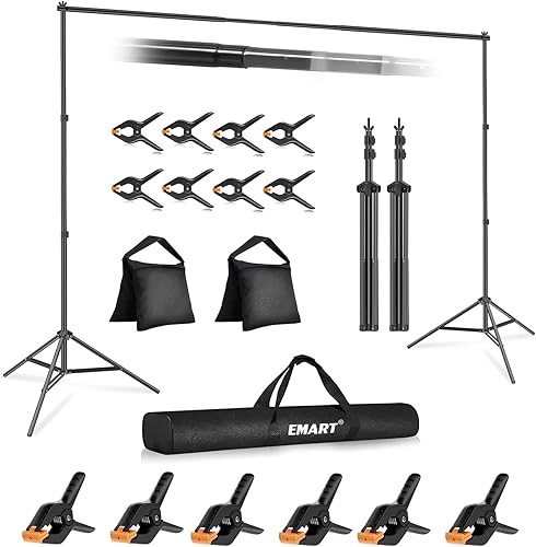 EMART Soporte de fondo ajustable de 10 x 7 pies (ancho x alto) para estudio fotográfico, kit de soporte de fondo ajustable con 2 barras