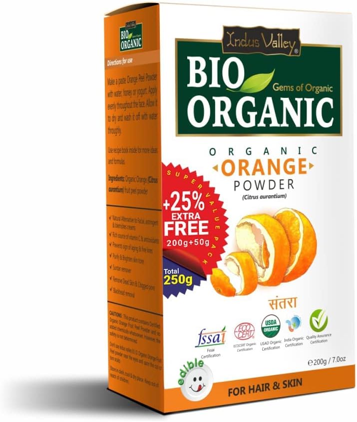 INDUS VALLEY Organic Edible Food Grade Orange Peel Powder Citrus aurantium for Oil Control and Best for Skin (200+50g)