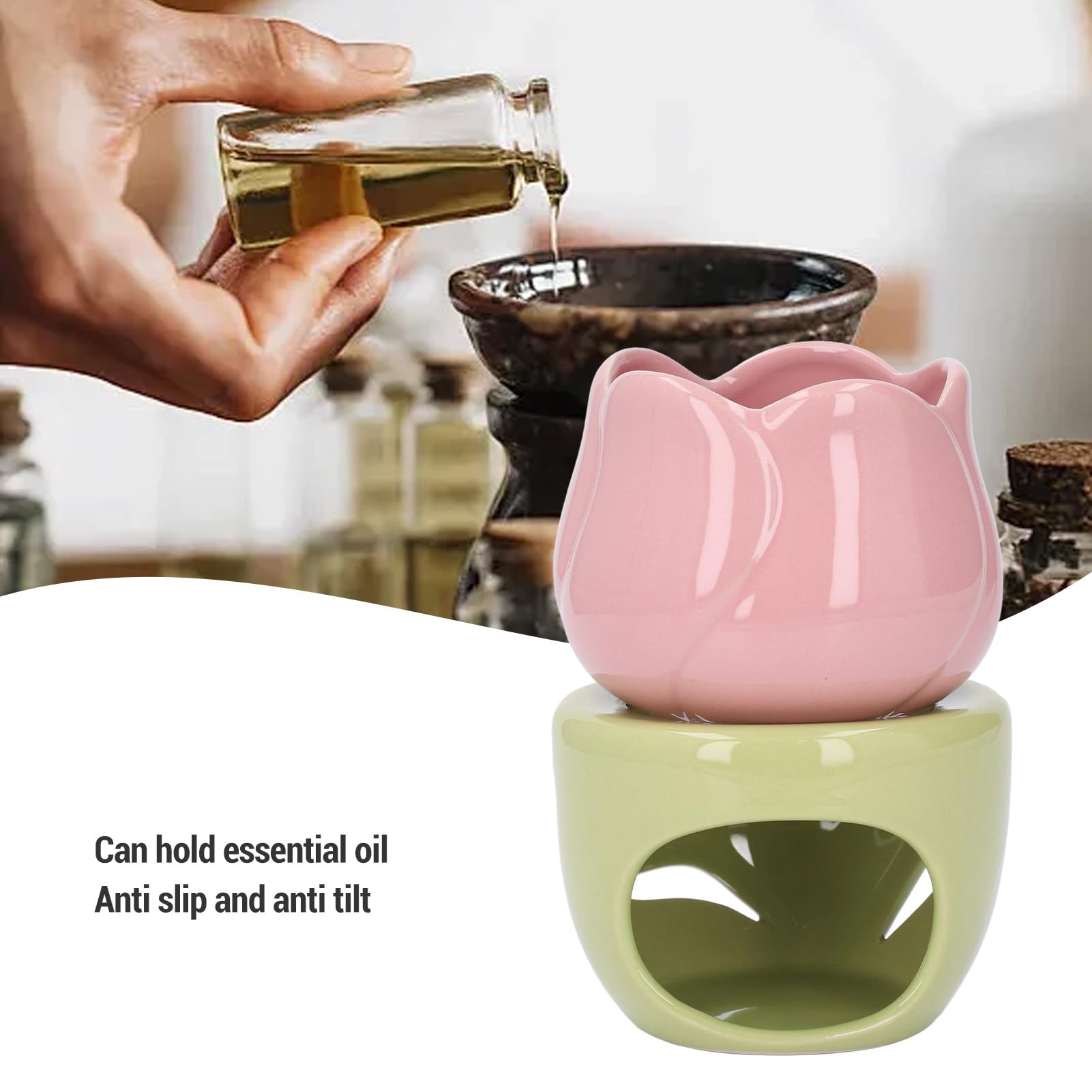 Kominek na Olejki Eteryczne do Topienia Wosku, Ceramiczny Palnik do Aromaterapii w Kształcie Różowego Kwiatu z Zielonym Stojakiem świecznik do Użytku w Domowym Biurze