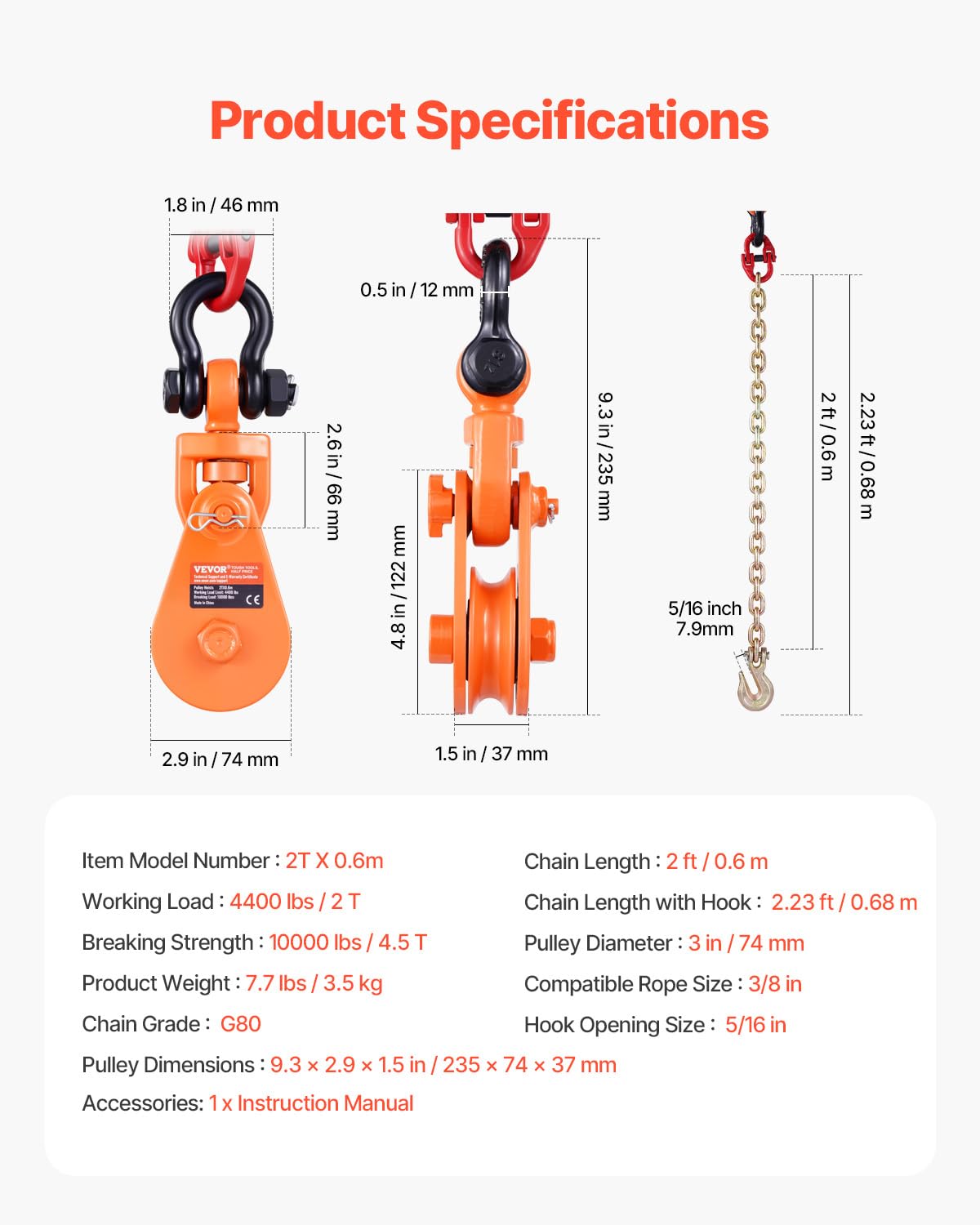 VEVOR Bloc d'arrachage avec chaîne G80, 2 T, poulie de mouflage 74 mm pour corde de 9,5 mm, pour applications de remorquage et de récupération à plat, dépanneuse à recul, câble de transport de voiture