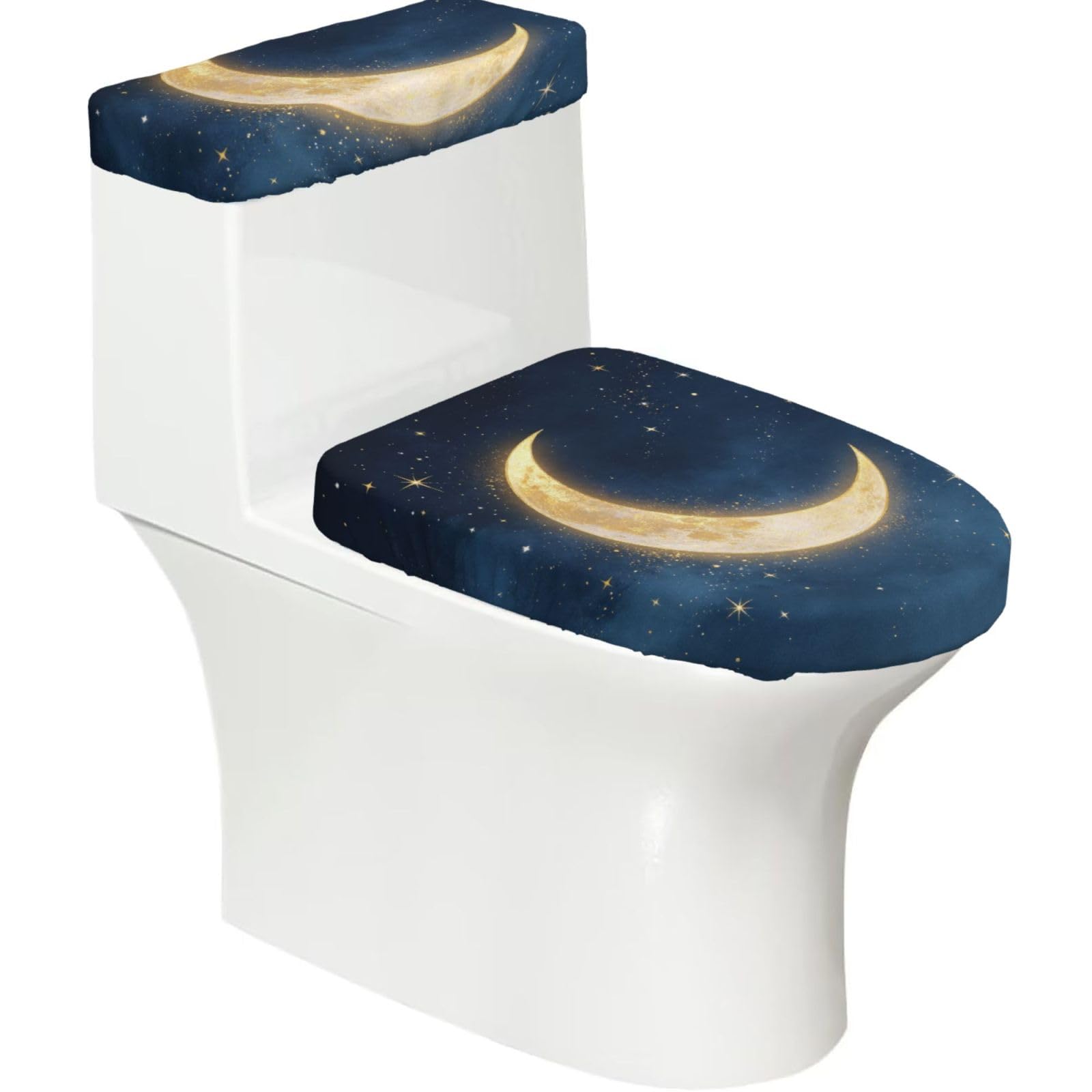 Moon Star Night Elastic Toilet Cover Set of 2-Stretchy Lid and Tank Covers for Bathroom, Soft Washable U Shape Toilet Decor