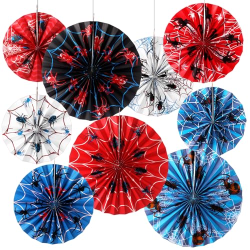 Outus 9 Pcs Spider Web Birthday Party Decorations Spider Paper Fans Party Decorations Red White Blue Black Hanging Ceiling Decor Wall Backdrop Garland Halloween Web Themed Birthday Supplies