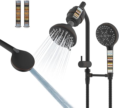 Miniatura 14 de Cabezales de ducha filtrados, cabezal de ducha doble de metal con combo de repuesto de mano de fácil alcance, alta presión de 3 vías, 70 modos,