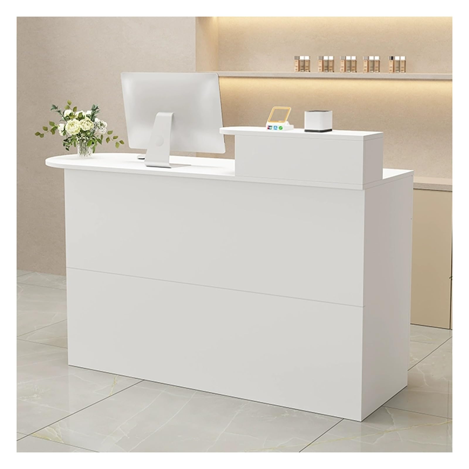 Comptoir de réception moderne et arrondi avec rangement à tiroirs pré-câblé et cloison épaisse pour salon de beauté - Blanc, 80 cm - Bureau de salon élégant avec rangement intégré et constru