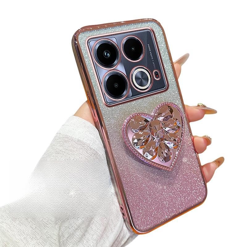 Silicone Case for Infinix Note 40 Pro 4G Case, Sparkle Glitter Bling Clear Luxury Plating Cute Love Heart Stand, Slim Soft Shockproof Diamond Shell Compatible with Infinix Note 40 Pro 4G (Pink)