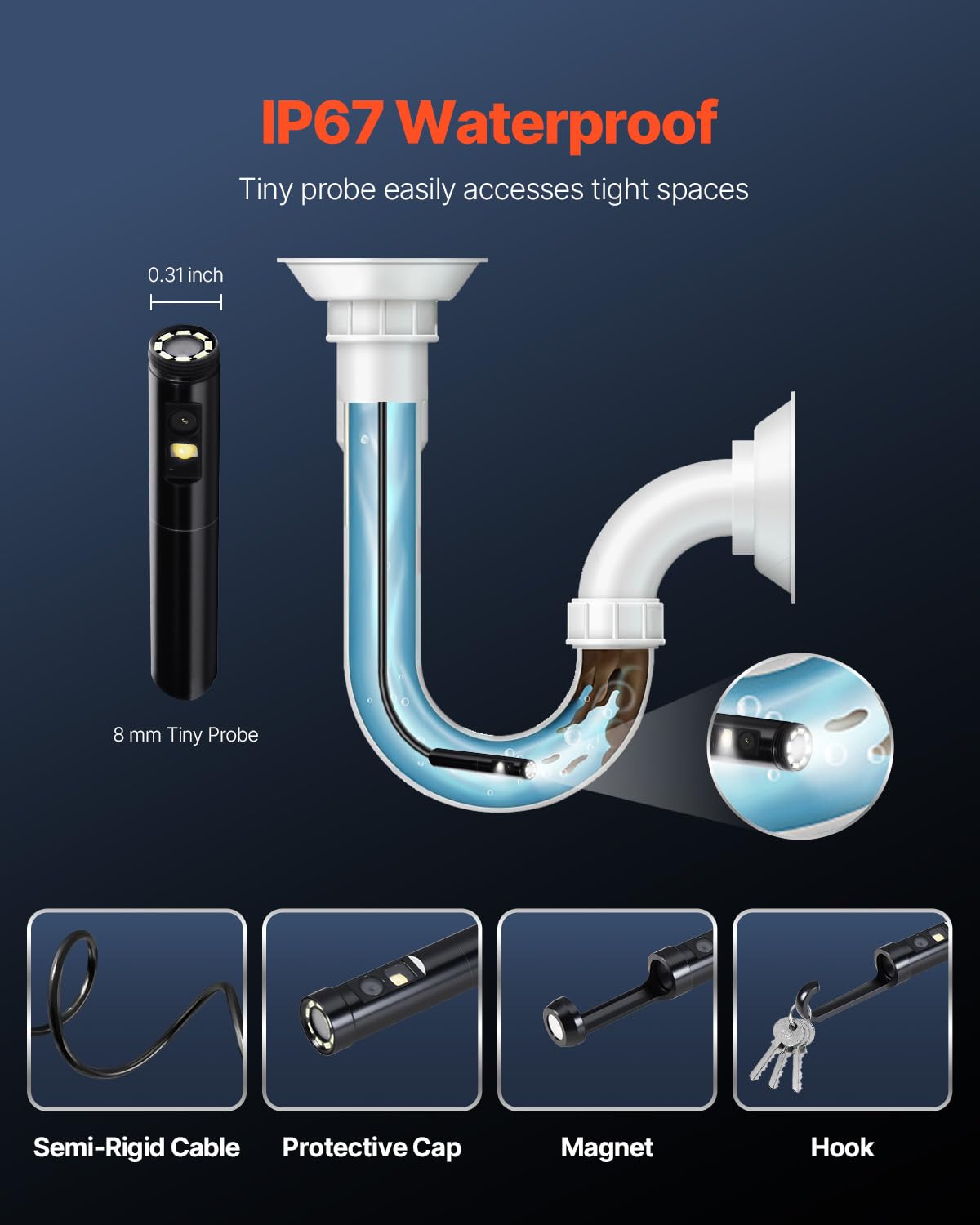 VEVOR Kamera endoskopowa, dwuobiektywowy boroskop, do systemów Android i iOS, HD 1920P, z 8 diodami LED + 1, Zoom 2X, elastyczny przewód 5 m, wodoszczelny IP67, do instalacji wodno-kanalizacyjnych