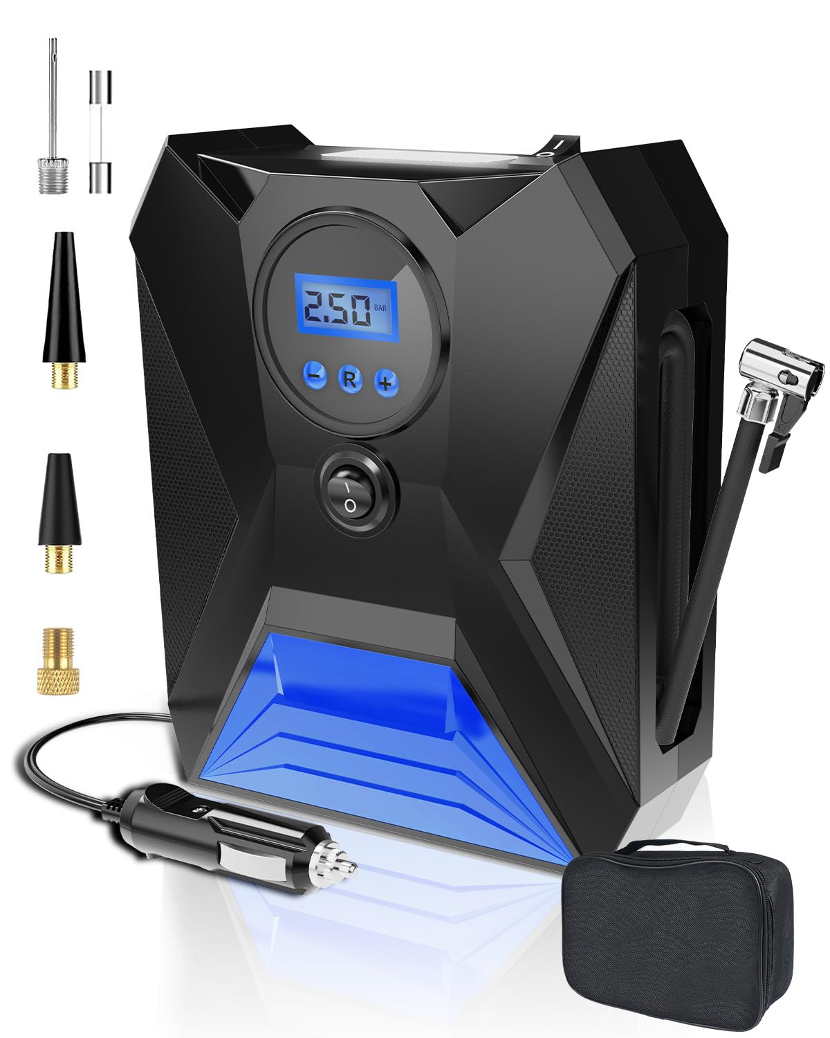 Gonfleur Pneus Voiture Portable 12V, Gonflage Rapide avec Écran Numérique HD, Mémoire Intelligente, Arrêt Automatique, 4 Unités de Mesure, Lumière LED, Idéal pour Vélo, Moto, Ballon (Bleu)