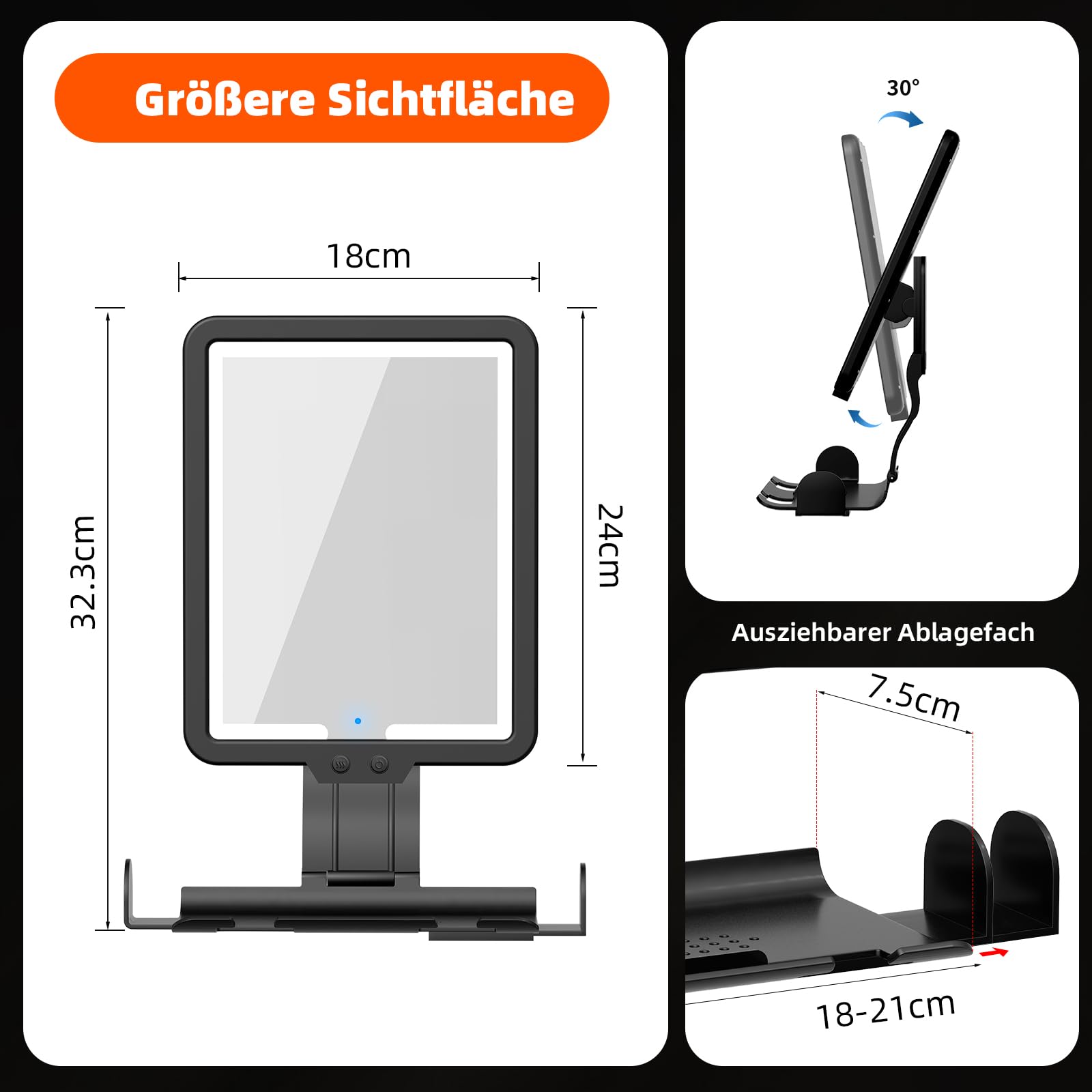 Rasierspiegel Beschlagfreier Duschspiegel mit Licht, groß 23 * 17,5cm Beheizter AntiBeschlag Dusch-Rasierspiegel 3 Farbmodi dimmbares Licht, mit Ablagefach & Rasierklingenhalterung
