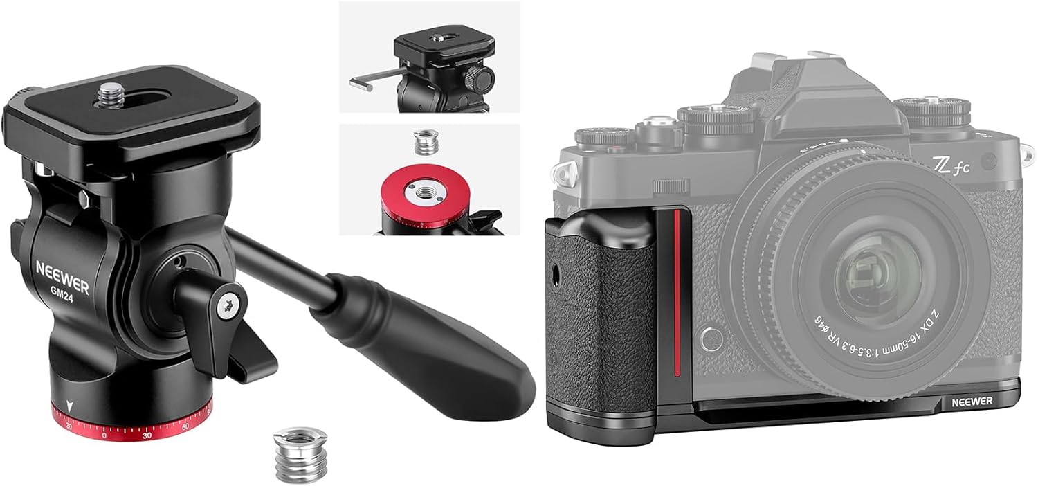 NEEWER GM24 Tripod Fluid Head Pan Tilt Head with Quick Release Plate and Handle, Metal Camera Tripod Head Compatible with Arca Swiss for Compact Cameras DSLR, CA076 Zfc Handgrip L Shape Grip Included