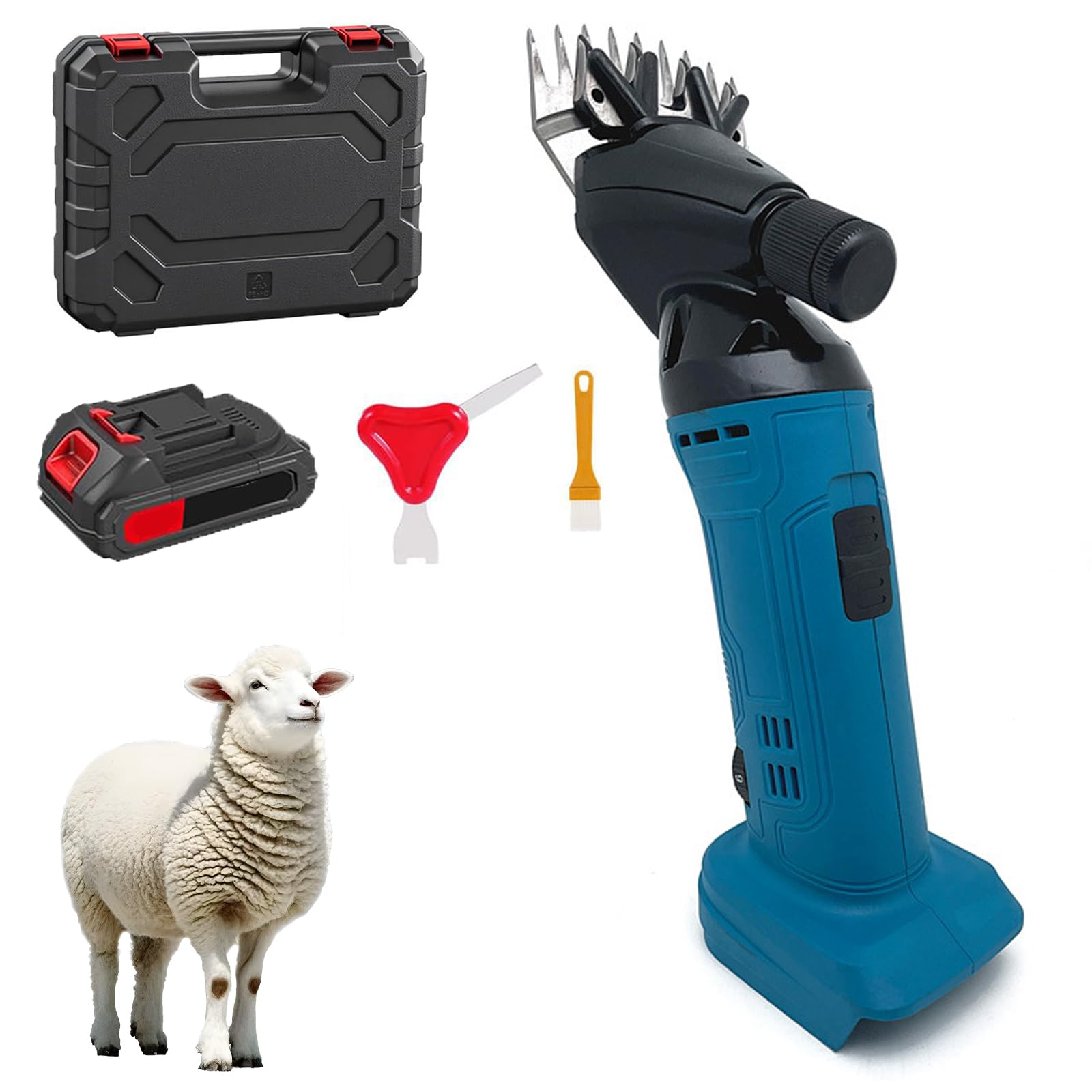 Esquiladora Eléctrica Inalámbrica para Ovejas, Máquina de Esquilar 300W con 6 Velocidades, Cuchillas de Acero al Carbono, Esquiladora Profesional para Ganado y Ma Blue: 1 battery, 1 charger - 9 teeth