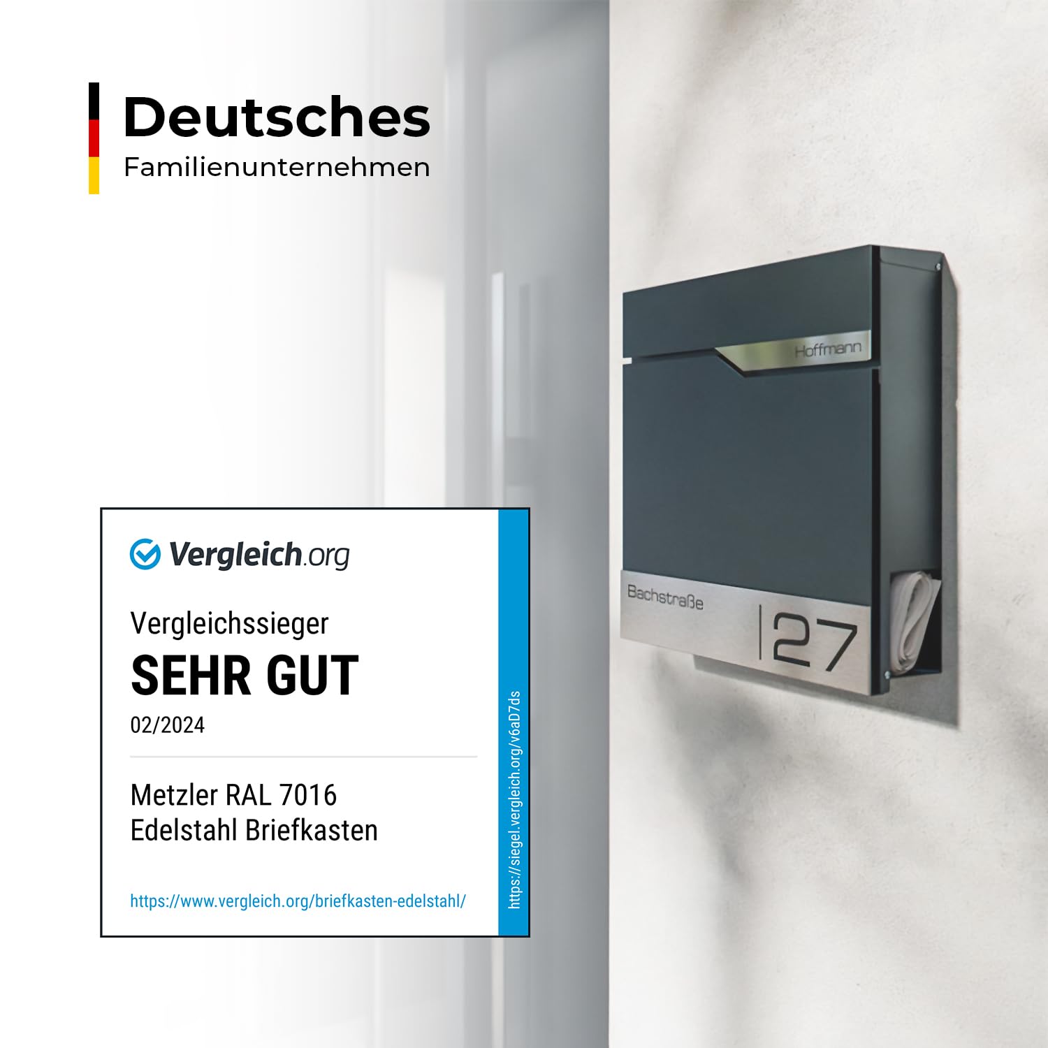 Metzler® Briefkasten Anthrazit mit Zeitungsfach, personalisiert mit Lasergravur, Wandbriefkasten mit austauschbarem Edelstahl-Namensschild, rostfreier moderner Postkasten,10 Jahre Ersatzteile, Siebert