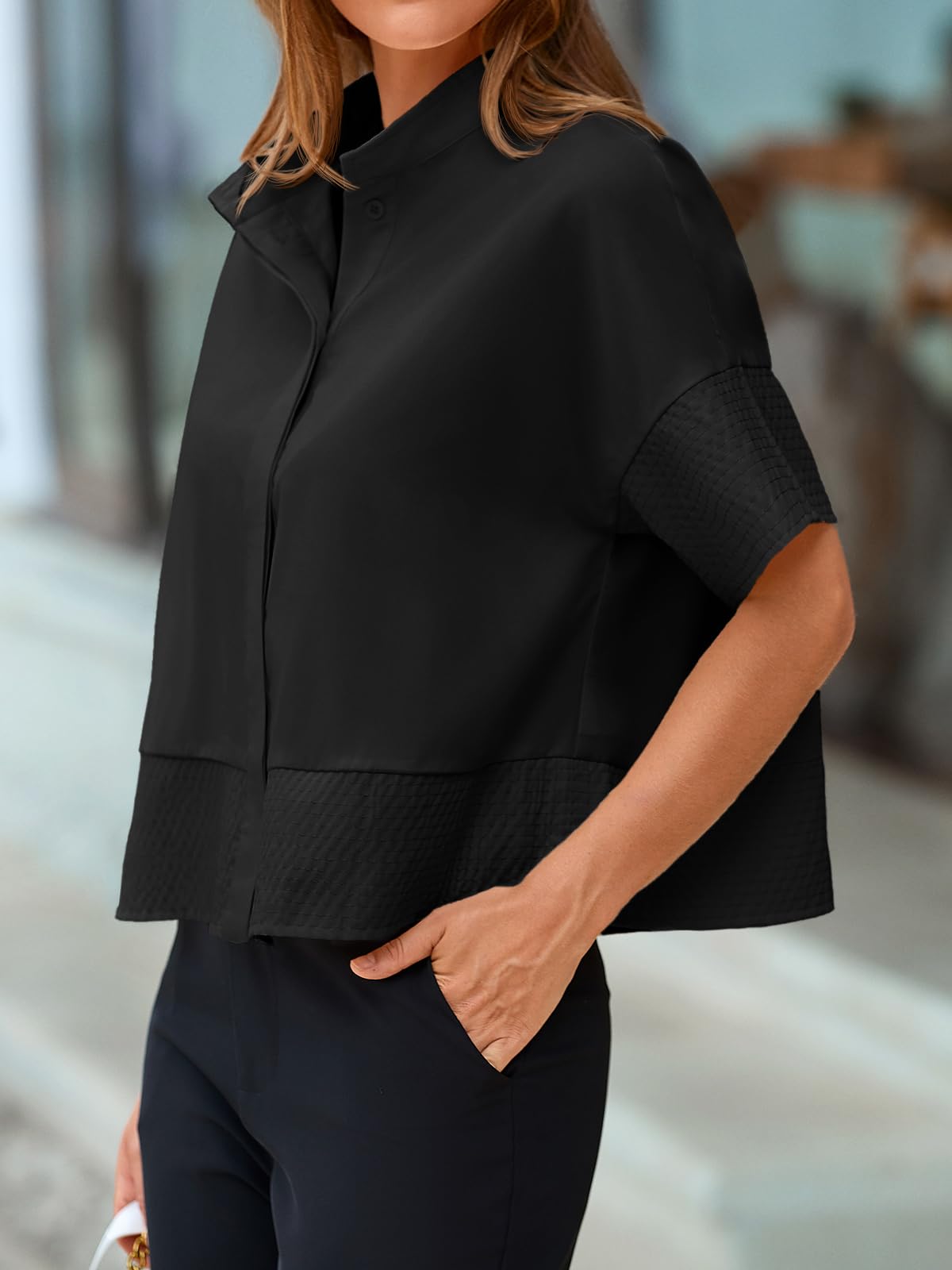 Cicy Bell Blusa de Manga Corta para Mujer, Plisada, Elegante, Informal, Cuello Alto, Holgada