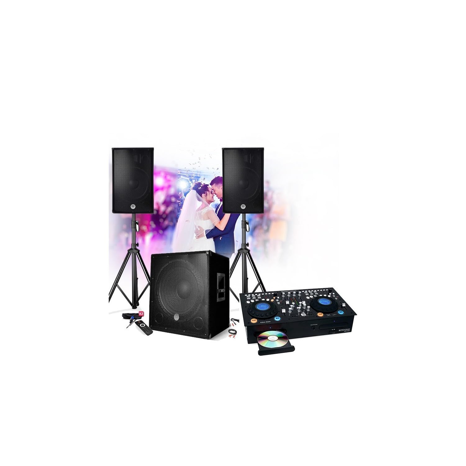 Sound-Set 2200 W BM Sonic 1512 Lautsprecher + SUB 38 cm USB/Bluetooth + Füße, Kabel, Plattenspieler Dual CD PRONOMIC CDJ-500 DJ