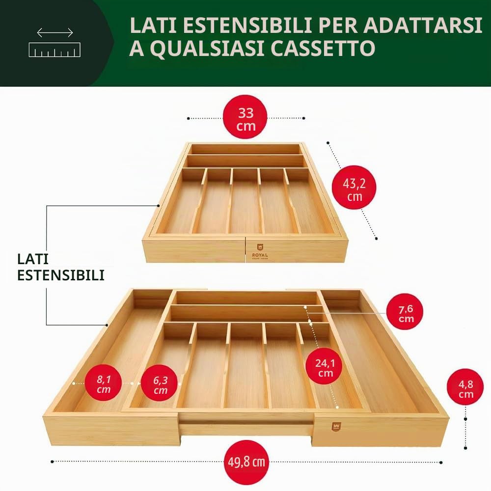Portaposate per cassetti, portaposate regolabile, larghezza da 33 cm a 50 cm, portaposate in bambù, cassetto portaposate per cucina, portaposate per cucchiai/forchette