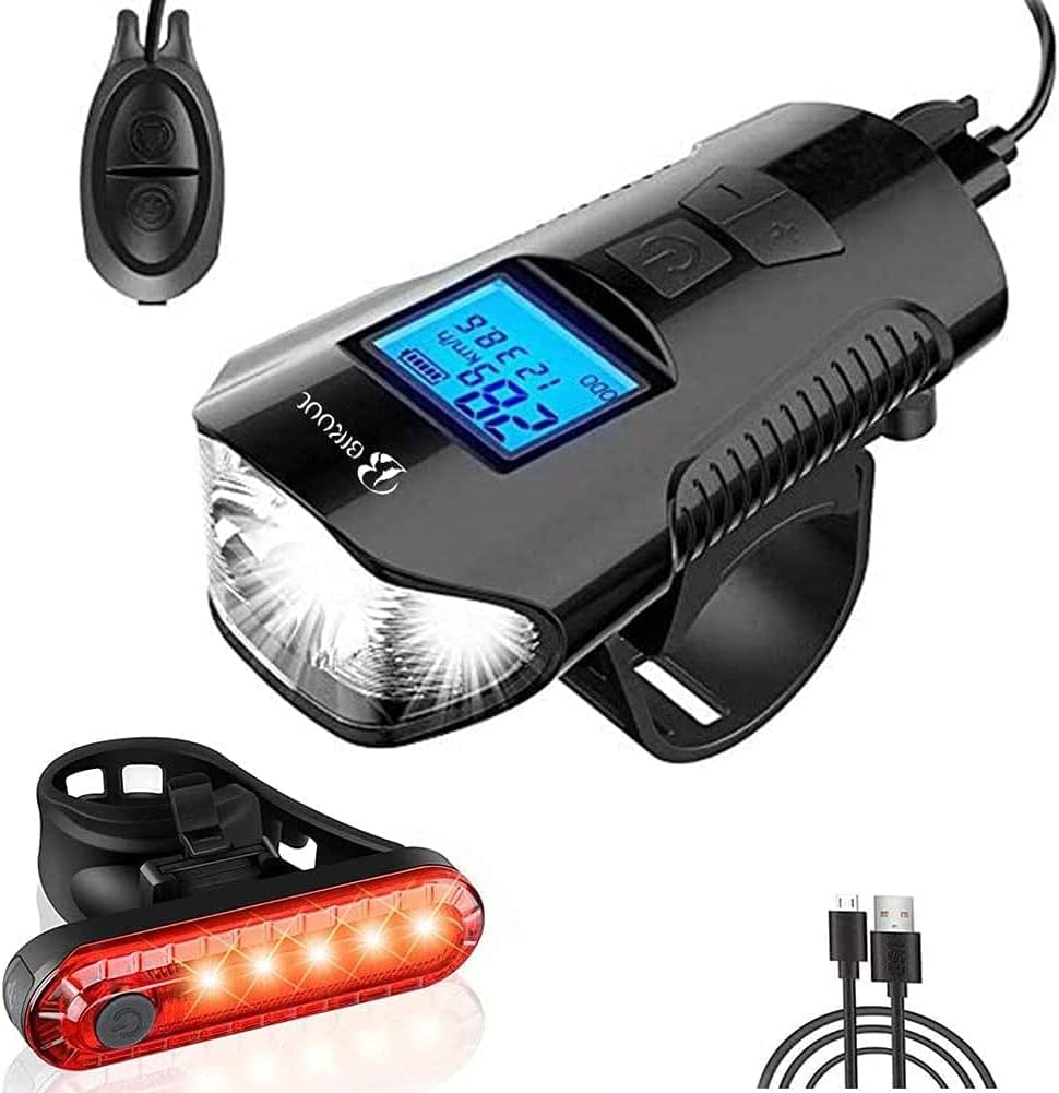 Bicycle Light Set with Horn and Speedometer, USB Rechargeable LED Bike Front Light & Tail Light,IPX5 Waterproof,4 Lighting Modes Super Bright,Fits All Mountain & Road Bike