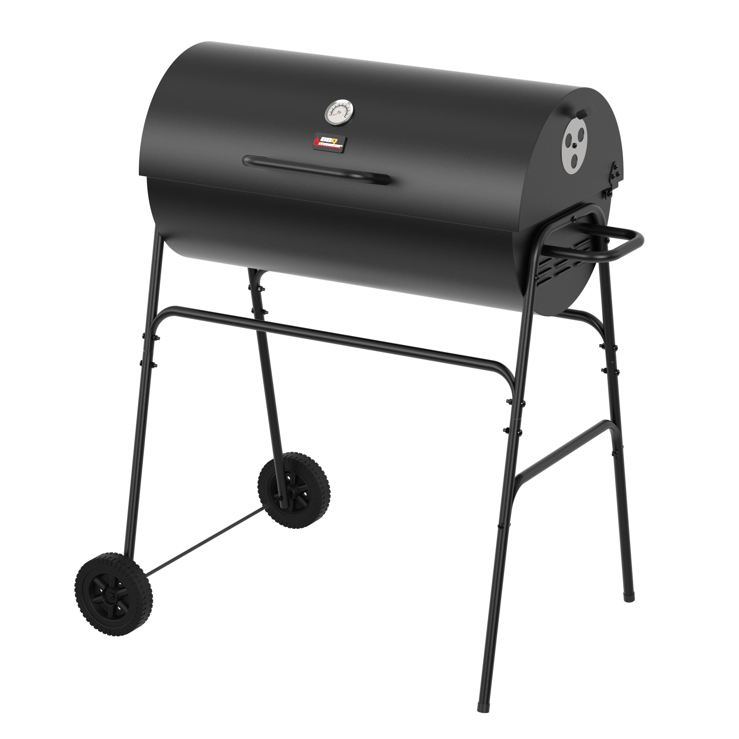 BBQ Master XL Barrel Charcoal BBQ Grill – Large Black Smoker with Thermometer, Wheels, Side Vents – Portable Garden Coal Barbecue for Outdoor Cooking