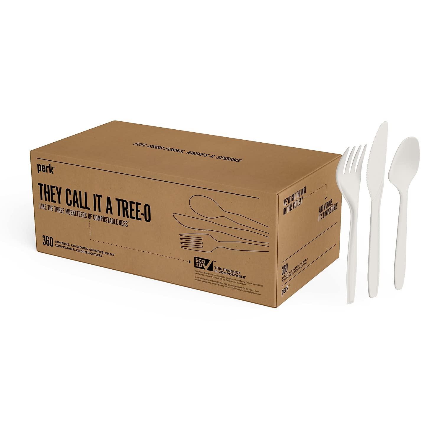 Perk Compostable PLA Assorted Cutlery, Medium-Weight, White, 720/Carton (PK56205VS)