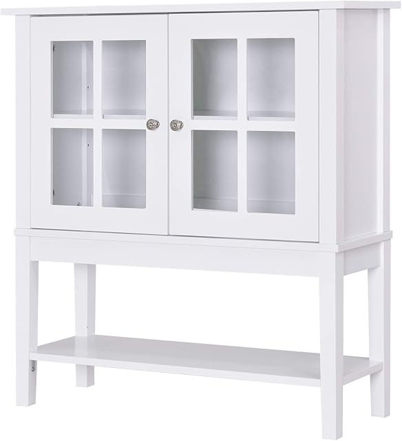 HOMCOM Modern Kitchen Sideboard Storage Cabinet Cupboard with 2 Glass Doors Adjustable Shelf for Dinning Room,Living Room, White