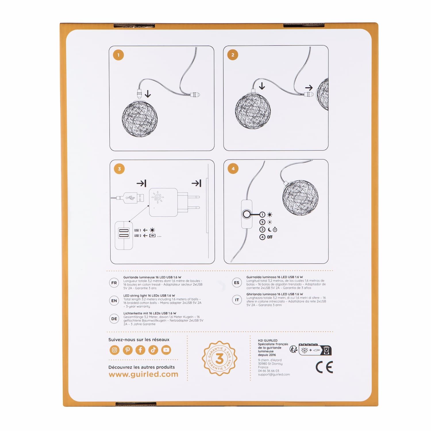 GuirLED - Guirnalda luminosa bolas de algodón LED USB- Luz de noche para bebé 2h - Adaptador de corriente dual USB 2A incluido - 3 intensidades - 24 bolas 2,4m - Arlequin