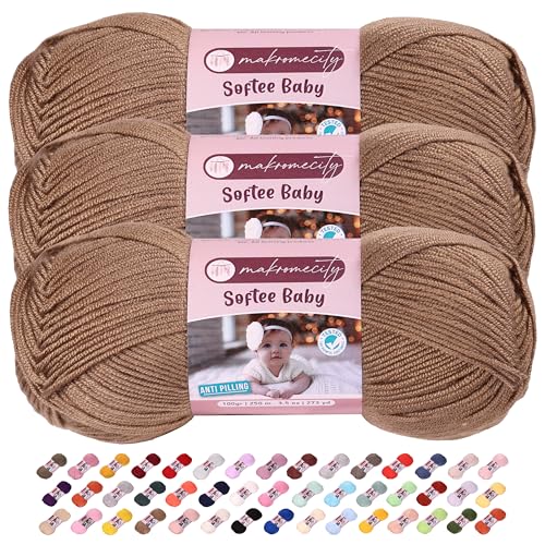 Image of Makromecity Softee Baby Yarn,%100 Premium Anti-Pilling Acrylic, 3.5 Oz, 273 yd (100gr /250 mt), Soft Yarn for Crocheting and Knitting (Brown, 3 Skeins)