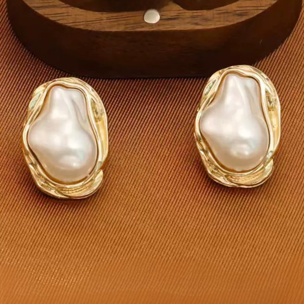 Vintage Pearl Statement Gold Stud Earrings for Women Trendy, Dainty Irregular Large Silver Baroque Pearls Earring Unique Prom Party Jewelry Gifts - Image 9