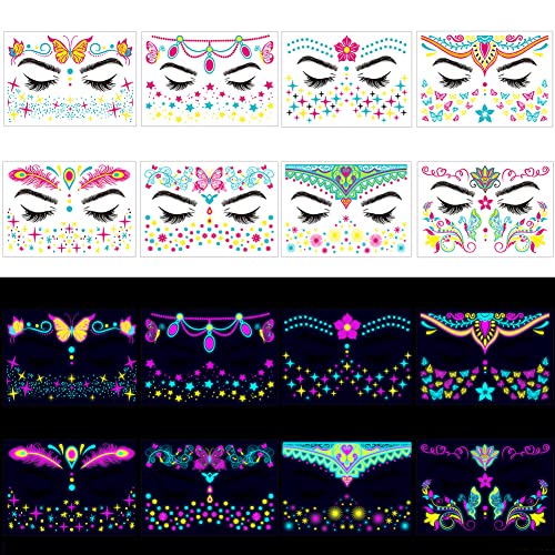 Neon Face Temporary Tattoo,8 Sheet Glow in the Dark UV Neon Face Tattoo Flash Fake Butterflies Waterproof Tattoos Stickers for Festival Makeup Rave Accessories - Image 3