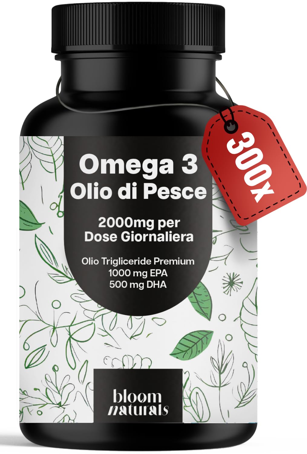Olio di Pesce Omega 3 ad alto dosaggio – 300 Capsule – 2000 mg al giorno | EPA 1000 mg & DHA 500 mg – Omega3 Forma Trigliceride – Senza Retrogusto di Pesce – prodotto in Germania – Integratore Omega 3