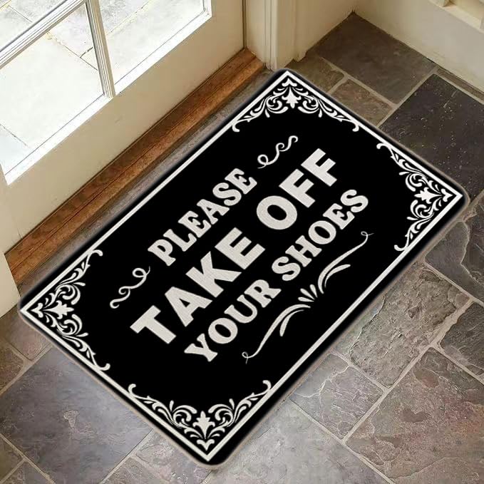 LMABBAQA Shoes Off Doormat Funny PleaseTake Off Your Shoes Door Mat Indoor and Outdoor Personalized Mats Anti-Slip Novelty Gift Mat 30x17 Inch (Black)