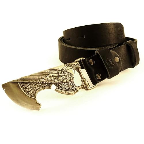 Miniatura 3 de Leather belt with belt buckle Ax of God, Handmade old norse scandinavian runic battle ax solid brass belt buckle