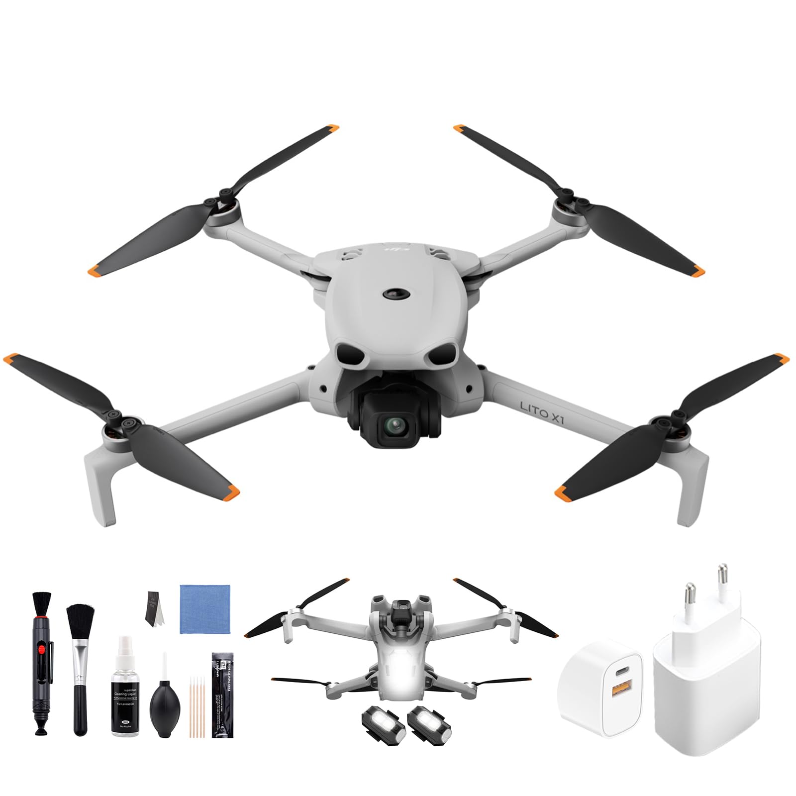 DJI Lito X1 con Bundle, dron con cámara 4K fácil de usar para principiantes, detección de obstáculos, ActiveTrack, sensor de 1/1.3 pulgadas, C0 (Enchufe de carga, Luces (x2), Kit de limpieza)