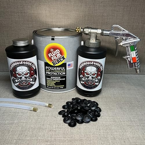 Gallon Fluid Film Black, Pro Undercoating Spray Gun, 2 Wands, 2 Black Quart Bottles, and 50 Rust Plugs