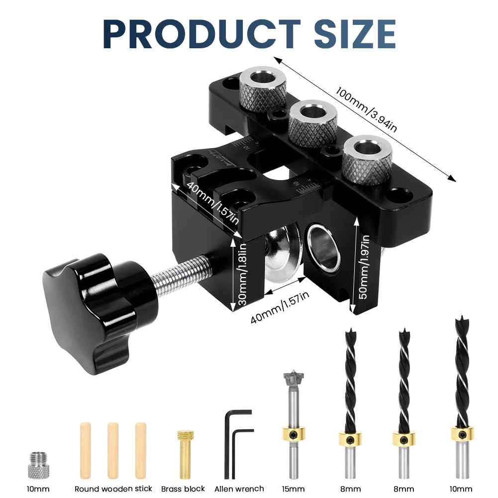 Flintronic Dima per Spinatura Legno, 8/10/15 MM Spinatrice per Legno, 3 in 1 Dima per Fori a Tasca, con clip di posizionamento di regolabile Localizzatore Guida di Perforazione Regolabile
