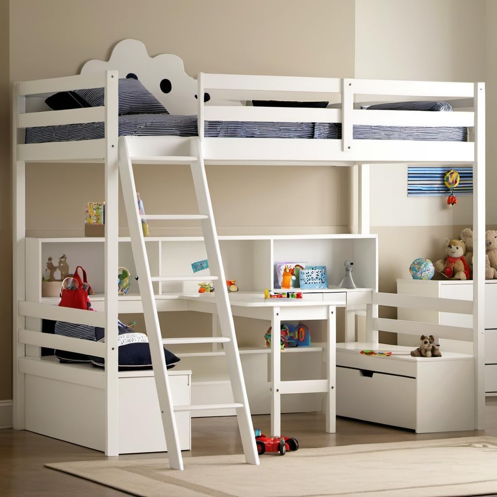 Twin Size Loft Bed with Desk and Storage Chair,Drawers for Kids,Girls,Boys Bedroom,Sturdy Bed Frame w/Storage Shelves for Dormitory,Apartment,White