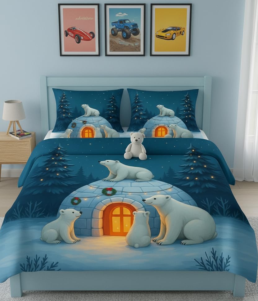 Image of Premium 7D Printed King Size Bedsheet Set with Pillow Covers Soft Cotton Blend Double Bedsheet for Home (Pillow Covers :18x28 inches Bedsheet :90x100 Blue Bear)