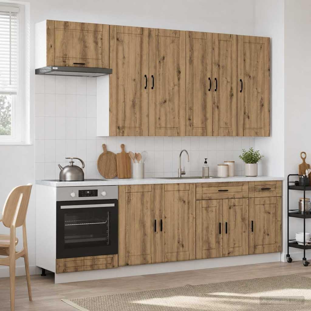 Küchenzeile Porto 8-teilig, Einbauküche Holzwerkstoff in Artisan-Eiche, Küchenblock Komplettset mit Unterschränken, Oberschränken, Schubladen und Geschirrspüler-Panel