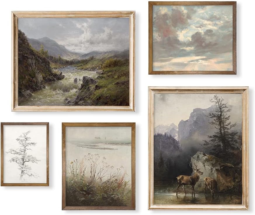 Vintage Farmhouse Wall Decor Large 11x14 Gallery of 5 - Nature Deer Flower Neutral Wall Art for Boho French Country Kitchen Bathroom Bedroom Picture Poster Print Decor Aesthetic Botanical Cottagecore