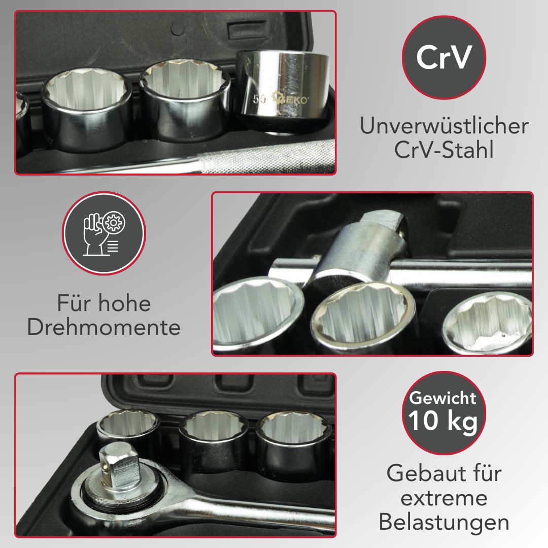 Steckschlüsselsatz 3/4" 21-tlg 19–50 mm 12-kant CrV-Stahl Im Koffer | Profi Ratschenkasten Knarrenkasten Vielzahn Nüsse Stecknuss Set