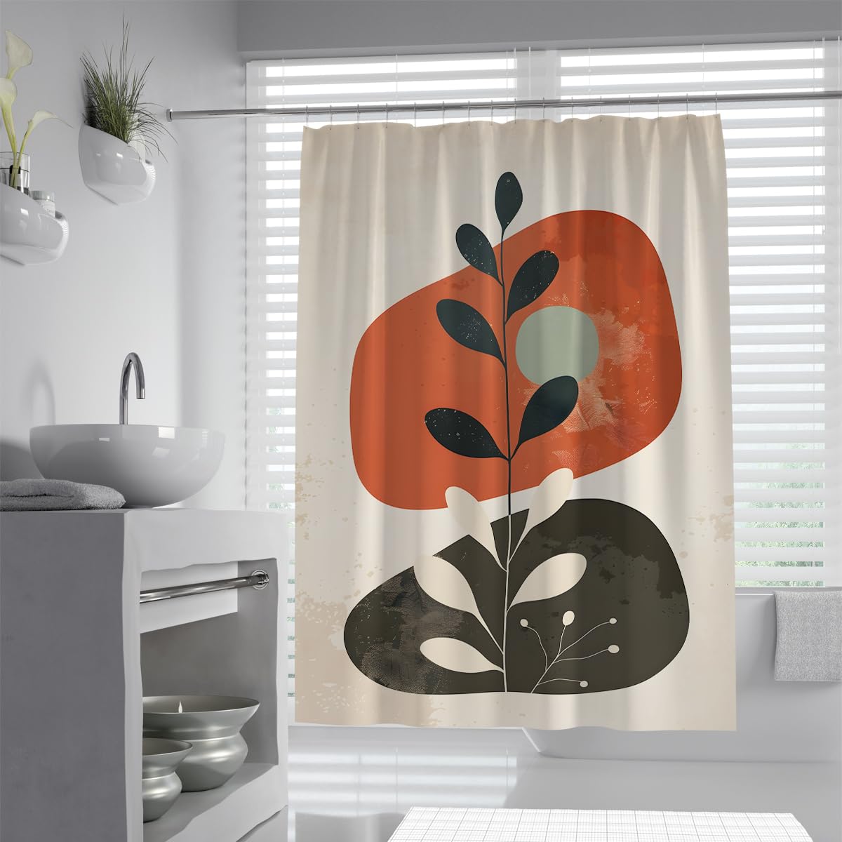 UIRINGART Abstract Shower Curtain W120xL200cm Mid Century Modern Botanical Leaf Art Abstract Organic Shapes Waterproof Mildew Resistant Polyester Bath Screen