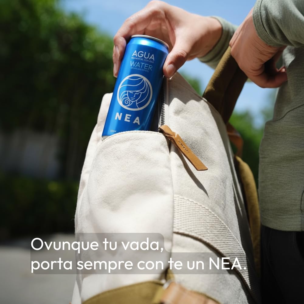 NEA Acqua Frizzante in Lattina di Alluminio Riciclabile - Acqua Minerale Effervescente di Sorgente Alpina - Pack 24 Lattine 33cl - Senza Plastica BPA Free - Bollicine Fini