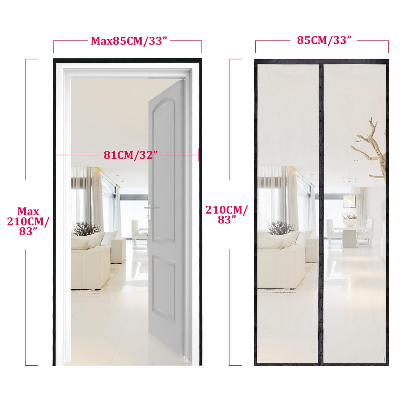 Apalus Prime Zanzariera con Magneti per Porte, 85x210 CM - Rete Fine, Tenda Totalmente Magnetica, si Chiude da Sola - Non Accorciabile (Prime Nero)